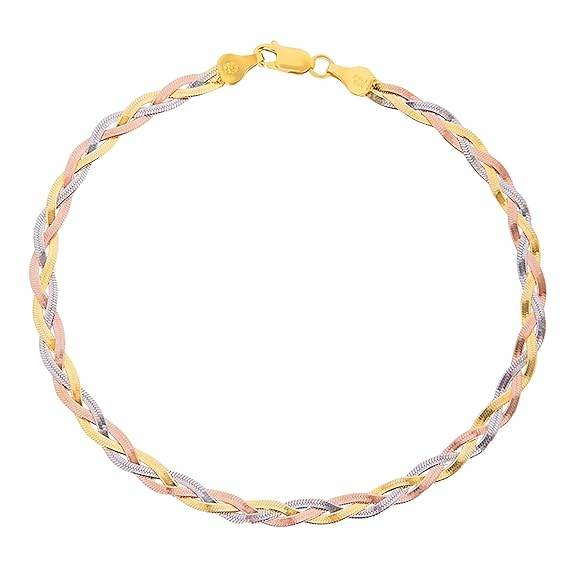 925 Sterling Silver Braided Triple Tone Multicolour Rhodium, Gold and Rose Gold Plated Chain Anklet (Single) | Gift for Women and Girls | - Rajputtrade