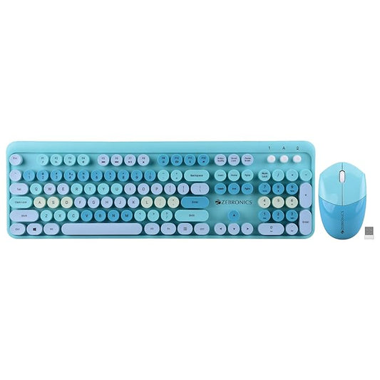 ZEBRONICS Companion 301 2.4GHz Wireless Keyboard & Mouse Combo with UV Printed, Retro Style Keys, 104 + 12 Integrated Multimedia Keys, 1600 DPI, High Precision (Aqua Green) - Rajputtrade