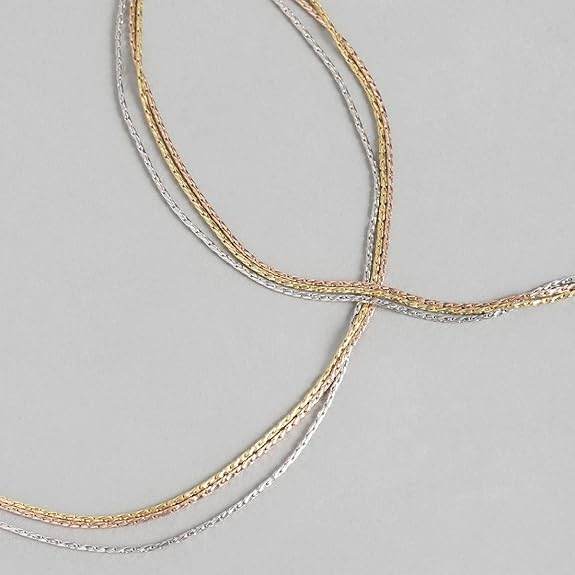 925 Sterling Silver Designer Triple Layered Rhodium, Gold & Rose Gold Plated Chain Anklet (Pair) | With Certificate of Authenticity & 925 Hallmark | Gift for Women & Girls - Rajputtrade