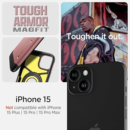 Spigen Tough Armor MagFit Back Cover Case Compatible with iPhone 15 (TPU + Poly Carbonate | Rose Gold)