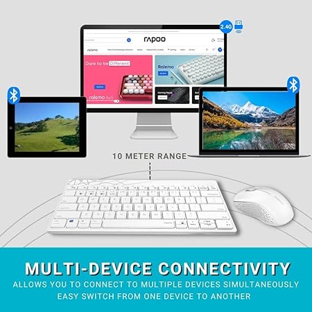Rapoo 8000M Multi-Mode Keyboard & Mouse Bluetooth 3.0/4.0 Wireless 2.4 GHz 1300 DPI Combo-White - Rajputtrade