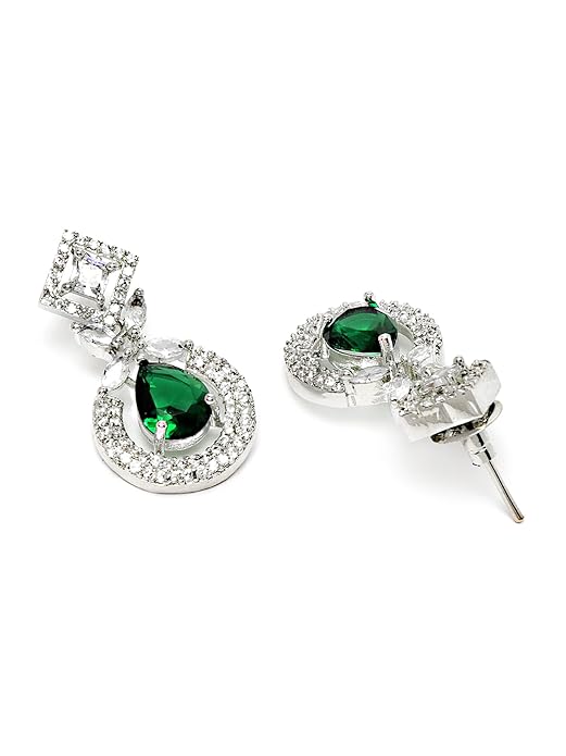 Silver Tone Blue American Diamond Studded Necklace Set for Women (Green) - Rajputtrade