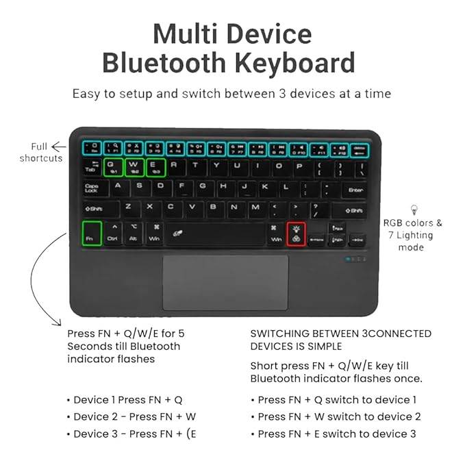 Concept Kart B102D Wireless Keyboard with Touchpad & Backlit, Ultra-Slim, Multi Device Connection, Smart Touchpad with Backlit Bluetooth 5.0 Keyboard for iPad, Laptop Android, Windows, iOS - Rajputtrade