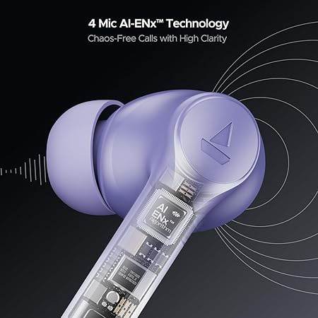 boAt Airdopes 300, Cinematic Spatial Audio, 50H Battery, 4Mic AI ENx, Fast Charge, App Support, Low Latency, IPX4, v5.3 Bluetooth Earbuds, TWS in Ear Earbuds Wireless Earphones with mic (Purple Haze) - Rajputtrade