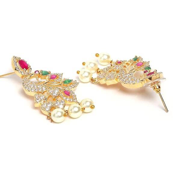 Gold Plated White & Red American Diamond Studded With Drop Pearl Beaded Jewellery Set For Women & Girl - Rajputtrade