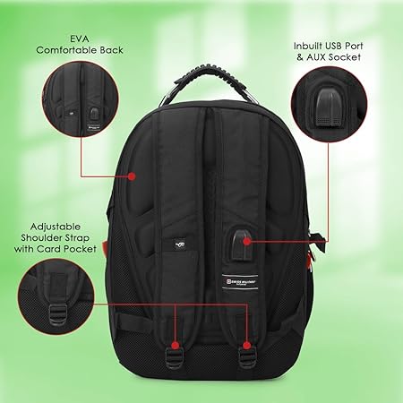 SWISS MILITARY Laptop Backpack: 31L Water-Resistant Bag with USB & Aux Port, Breathable EVA Back, Stylish Travel & Outdoor Backpack for Men & Women - Black - Rajputtrade
