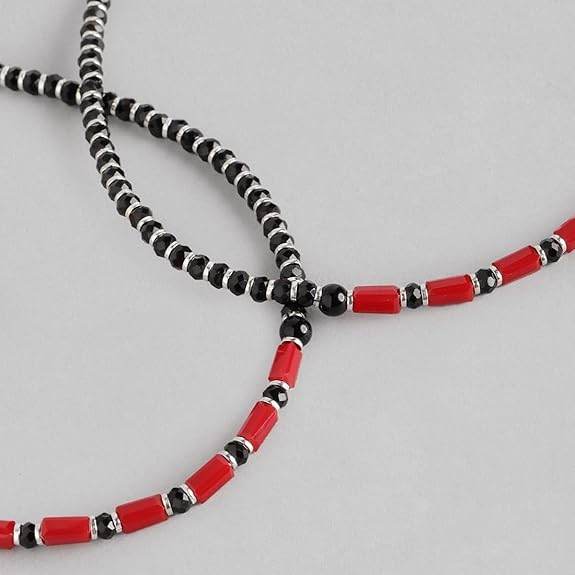 925 Sterling Silver Designer Black and Red Rhodium Plated Adjustable Beaded Anklet (Pair) | Gift for Women & Girls | - Rajputtrade