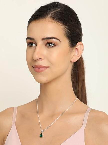 925 Sterling Silver Dark Green Tear Drop Pendant Earring Chain Jewellery Set | Rhodium Plated, Swiss Zirconia | Gift for Women & Girls - Rajputtrade