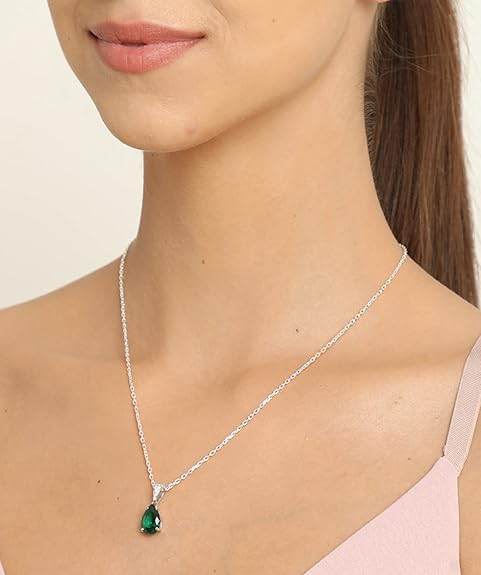 925 Sterling Silver Dark Green Tear Drop Pendant Earring Chain Jewellery Set | Rhodium Plated, Swiss Zirconia | Gift for Women & Girls - Rajputtrade