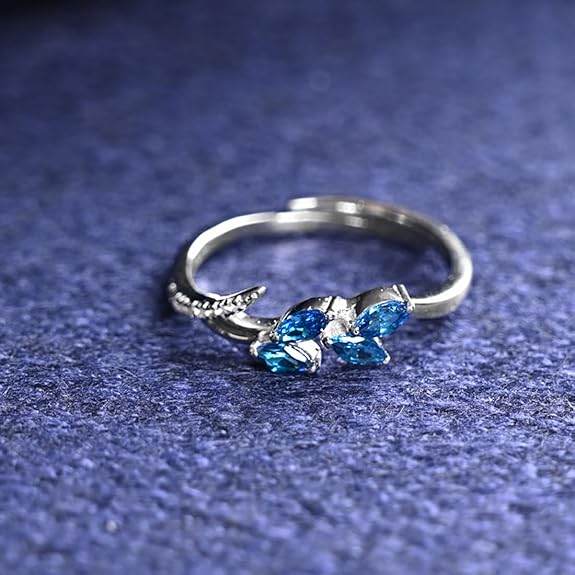 925 Sterling Silver Tonje Curved Blue Leaf Finger Ring | Swiss Zircon Platinum Plated | Size Adjustable | Gift for Women Girls Wife Girlfriend - Rajputtrade