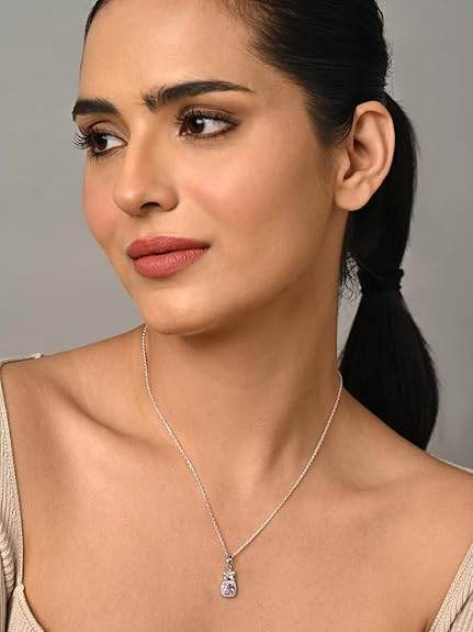 925 Sterling Silver Nera Pink Cushion Solitaire Pendant Earrings Chain Necklace Jewellery Set | Platinum Plated, Swiss Zirconia |Gift for Women and Girls - Rajputtrade