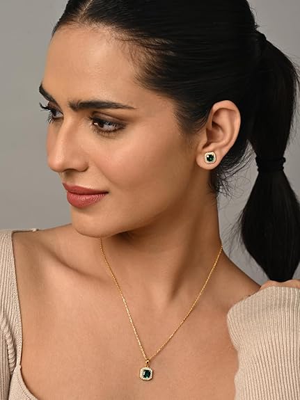 925 Sterling Silver Amati Green Solitaire Pendant Earrings Chain Necklace Jewellery Set | Gold Plated, Swiss Zirconia |Gift for Women and Girls