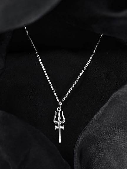 925 Sterling Silver Shiva Trishul Pendant Necklace for Men & Women | With or Without Chain | Platinum Plated - Rajputtrade