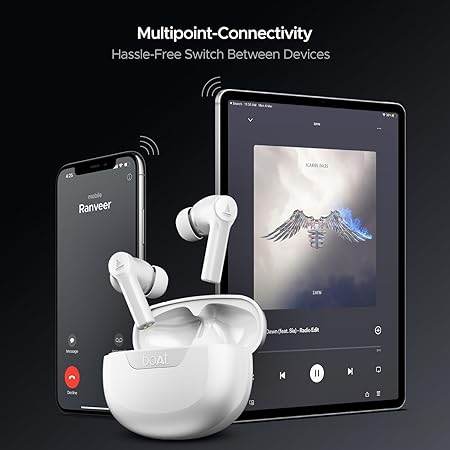 boAt Airdopes 300, Cinematic Spatial Audio, 50HRS Battery, 4Mic AI ENx, Fast Charge, App Support, Low Latency, IPX4, v5.3 Bluetooth TWS in Ear Earbuds Wireless Earphones with mic (Chrome White) - Rajputtrade