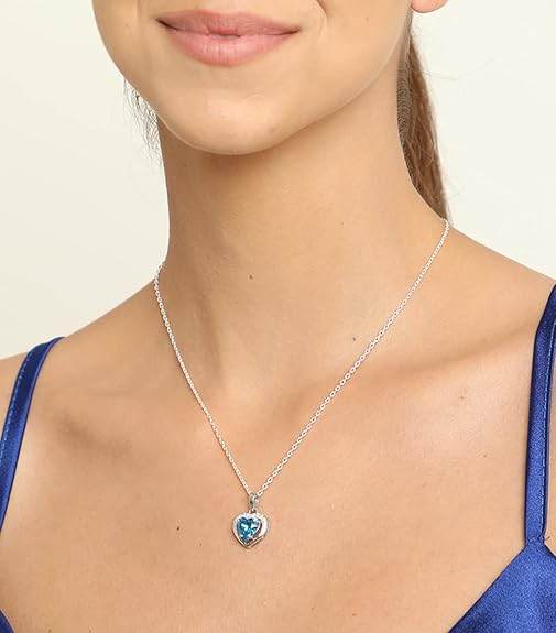 925 Sterling Silver Sky Blue Heart Pendant Earring Chain Jewellery Set | Rhodium Plated, Swiss Zirconia | Gift for Women & Girls - Rajputtrade