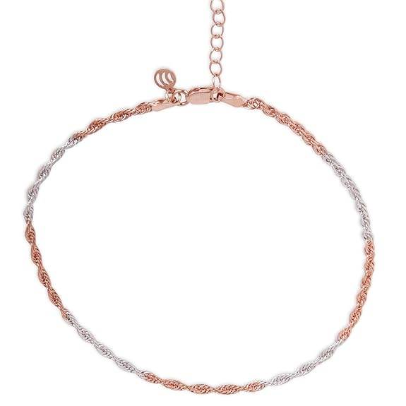 925 Sterling Silver Dual tone Rose Gold and Rhodium Plated Twisted Chain Anklets (Single) | Gift for Women and Girls | - Rajputtrade