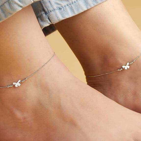 925 Sterling Silver Designer Sleek Butterfly Chain Rhodium Plated Anklet (Pair) | Gift for Women & Girls | - Rajputtrade