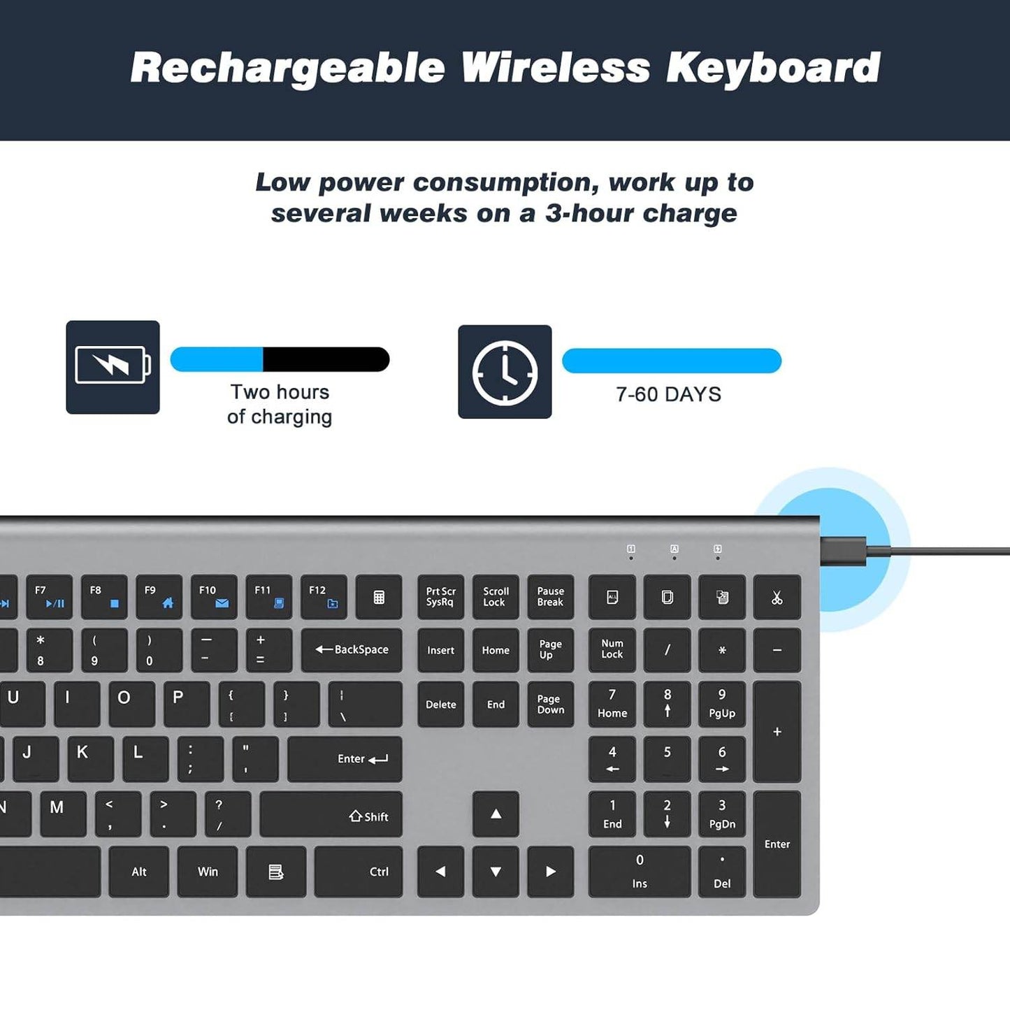 cimetech Rechargeable Wireless Keyboard, 2.4G USB Full Size keyboard. - Rajputtrade