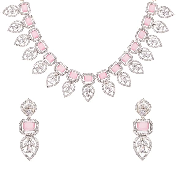 Jewellery Set Leaf Style AD/ Rose Gold Plated Handcrafted Circle Necklace Set for Women & Girls (Pink White) - Rajputtrade