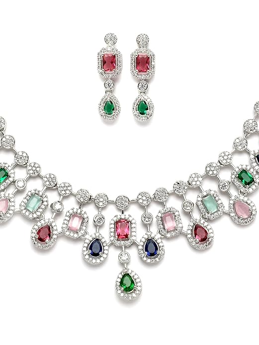 Silver Toned American Diamond Studded Jewellery Set for Women (Multicolor) - Rajputtrade