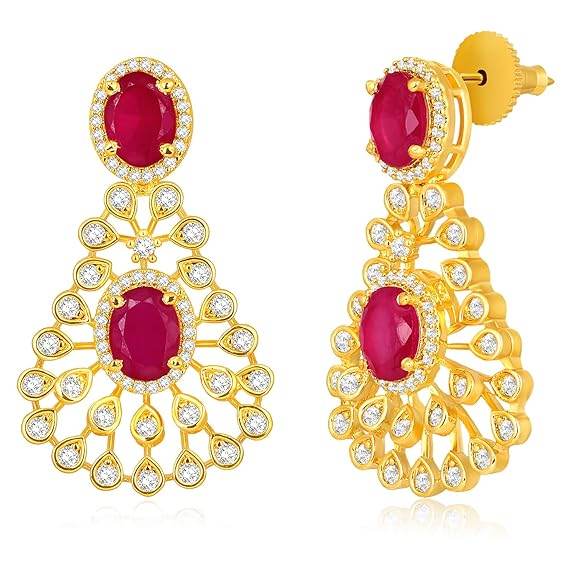 Gold Plated Cubic Zirconia & Red Crystal Studded Floral Necklace & Dangle Earring - Rajputtrade