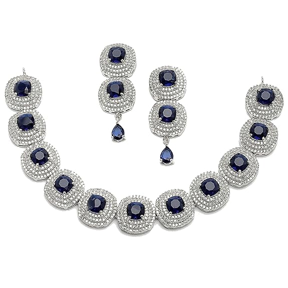 Silver Toned Triangular Shaped American Diamond Studded Jewellery Set For Women and Girl (Blue) - Rajputtrade
