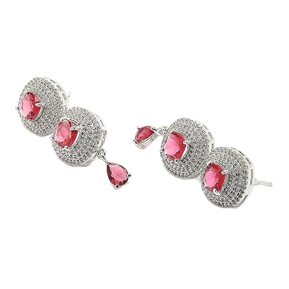 Silver Toned Triangular Shaped American Diamond Studded Jewellery Set For Women and Girl (Red) - Rajputtrade