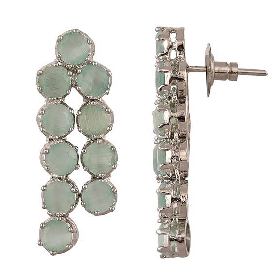 Cubic Zirconia Dual Strand Necklace Jewellery Set With Dangler Earrrings For Women/Girls (Mint Green) - Rajputtrade