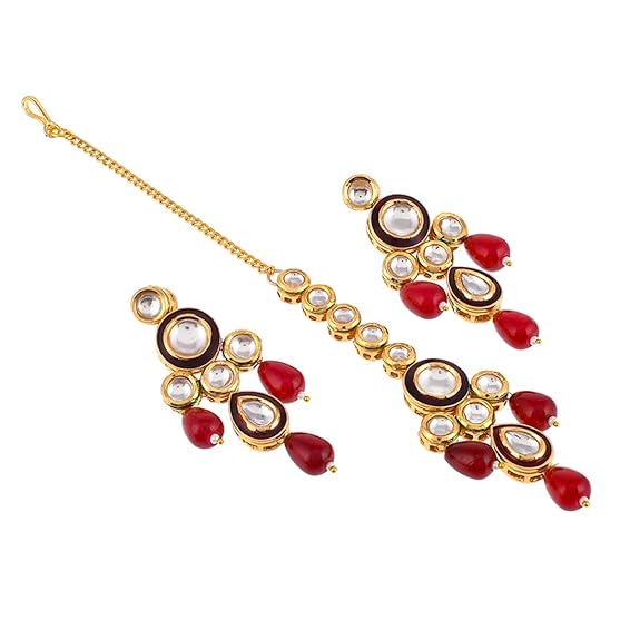 Kundan Elegance Round Cut Gems Beaded Maang Tika Set For Women - Rajputtrade