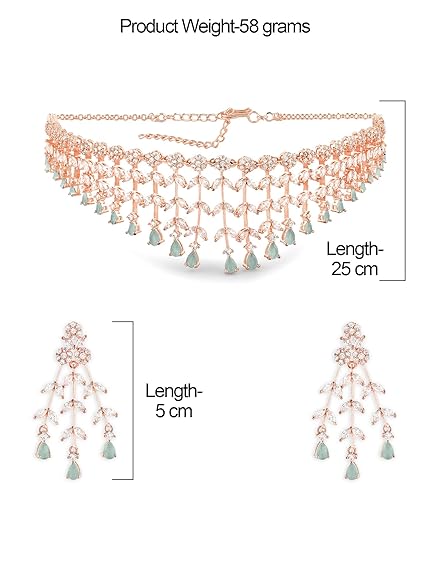 Mint Green Dazzling Cubic Zirconia Designer Brass Necklace Earring Set For Women - Rajputtrade