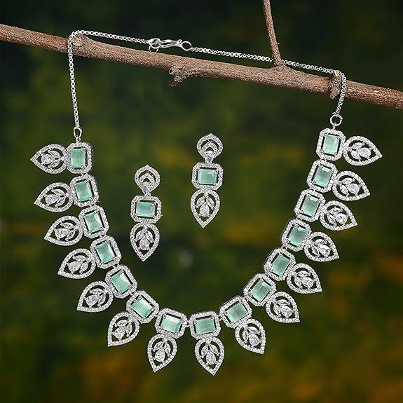 Jewellery Set Leaf Style AD/ Rose Gold Plated Handcrafted Circle Necklace Set for Women & Girls - Rajputtrade