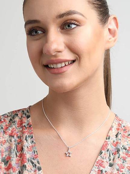 925 Sterling Silver Star Pendant Chain Necklace | Rhodium Plated, Swiss Zirconia | Gift for Women and Girls - Rajputtrade