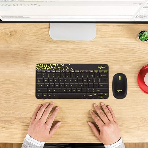 Logitech MK240 Nano Wireless USB Keyboard and Mouse Set, 12 Function Keys 2.4GHz Wireless, 1000DPI, Spill-Resistant Design, PC/Mac, Black/Chartreuse Yellow - Rajputtrade