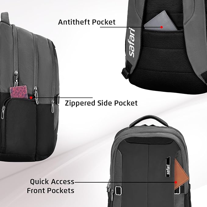 Safari Spade 34L Formal Laptop Backpack with Raincover, Antitheft Pocket, 3 Compartments, Front Pocket, Smart Trolley Sleeve, Office Bag, College Backpack, Travel Bag, School Bag - Rajputtrade