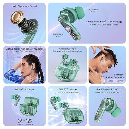 boAt Airdopes 191 ANC, 32dB ANC, Ambient Mode, 60HRS Battery, 4Mics ENx, in-Ear Detection, IWP Tech, Fast Charge, v5.3 Bluetooth Earbuds, TWS Ear Buds Wireless Earphones with mic (Pellucid Green) - Rajputtrade