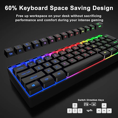 MFTEK 60% Gaming Keyboard and Mouse Combo, Ultra Compact 61 Keys TKL Design Gaming Keyboard with RGB Rainbow Backlit, Illuminated Gaming Mouse, USB Wired Keyboard Mouse Set for Laptop PC PS4 Gamer - Rajputtrade