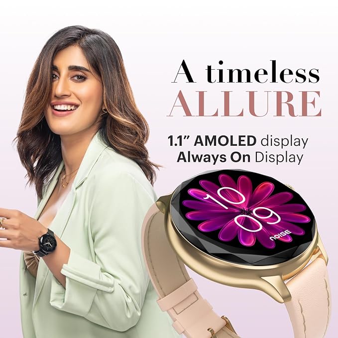 Noise Diva Smartwatch with Diamond Cut dial, Glossy Metallic Finish, AMOLED Display for Women (Gold Link) - Rajputtrade
