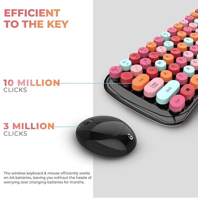i GEAR KeyBee Retro Typewriter Inspired 2.4GHz Wireless Keyboard and Mouse Combo with USB Support, Single Nano Receiver, Round Keycaps, Cleaning Brush (Black Pink) - Rajputtrade