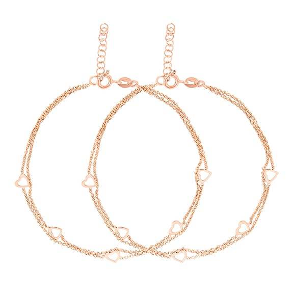 925 Sterling Silver Layered Rose Gold Plating Hearts Anklets (Pair) | Gift for Women & Girls | - Rajputtrade