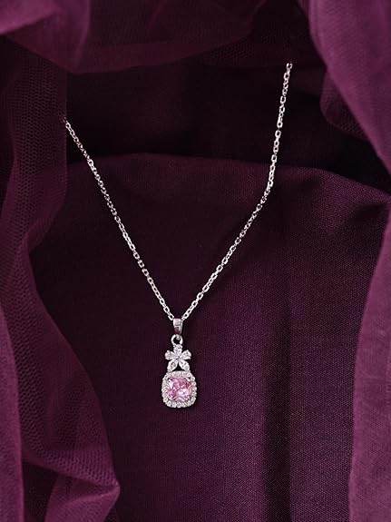925 Sterling Silver Nera Pink Cushion Solitaire Pendant Earrings Chain Necklace Jewellery Set | Platinum Plated, Swiss Zirconia |Gift for Women and Girls - Rajputtrade