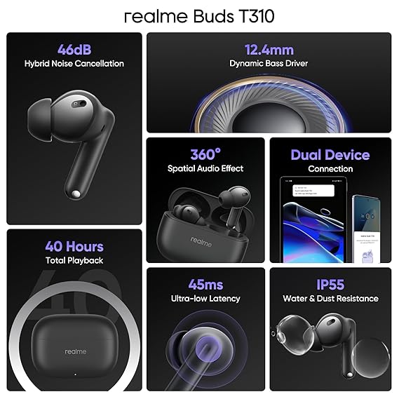realme Buds T310 Truly Wireless in-Ear Earbuds with 46dB Hybrid ANC, Upto 40Hrs Battery and Fast Charging (White) - Rajputtrade