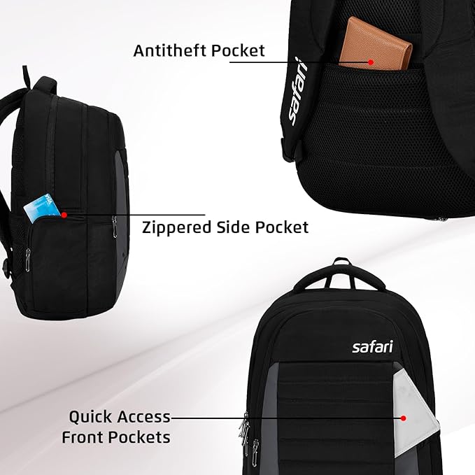 Safari Spade 34L Formal Laptop Backpack with Raincover, Antitheft Pocket, 3 Compartments, Front Pocket, Smart Trolley Sleeve, Office Bag, College Backpack, Travel Bag, School Bag - Rajputtrade