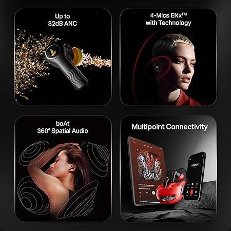 boAt New Launch Nirvana Crystl, Transparent Case,Spatial Audio, ANC(~32dB), 100Hrs Battery,4Mics ENx, Dual Pair,App Support, Bluetooth Earbuds, TWS Ear Buds Wireless Earphones with mic (Blazing Red) - Rajputtrade