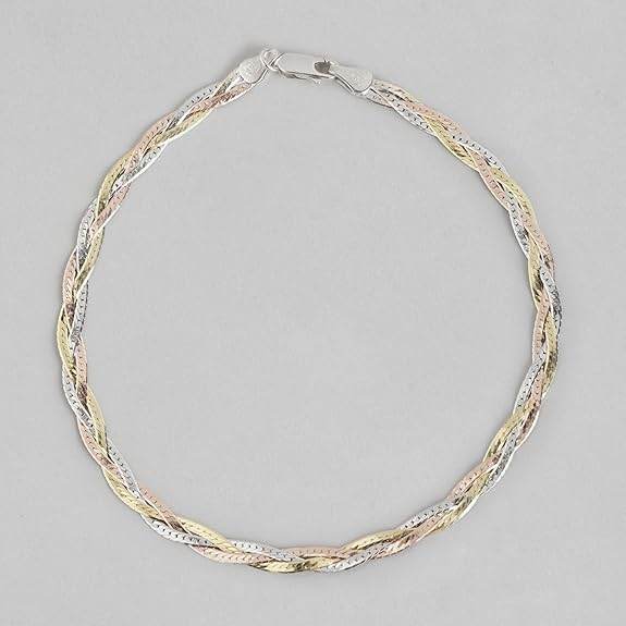 925 Sterling Silver Braided Triple Tone Multicolour Rhodium, Gold and Rose Gold Plated Chain Anklet (Single) | Gift for Women and Girls | - Rajputtrade