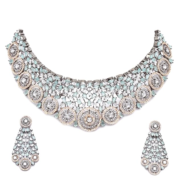 Rhodium-Plated Silver American Diamond Choker Necklace with Earrings Jewellery Set with Girls and Women - Rajputtrade