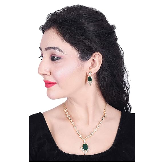 Jewellery Red Ruby Necklace Set Pendant with Earring for Women/Girls (Green-Gold) - Rajputtrade