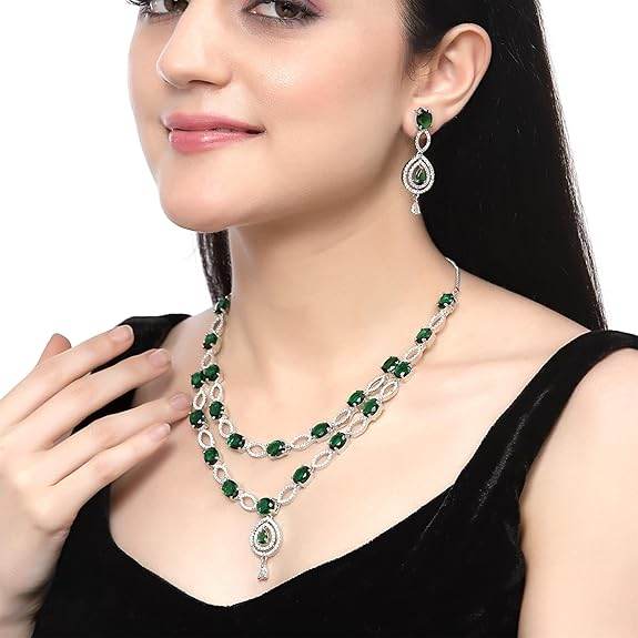 Abstract Necklace With Earrings Jewellery Set For Girls and Women (Green) - Rajputtrade