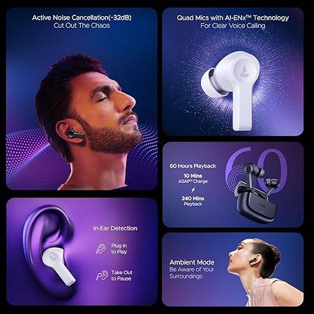 boAt Nirvana Lucid w/ 32 dB ANC, Multi-Point Connectivity, in-Ear Detection, 60HRS Playback, Hearables App, 4 Mics ENx, IPX5 Truly Wireless in Ear Earbuds, TWS Ear Buds(Zinc White) - Rajputtrade