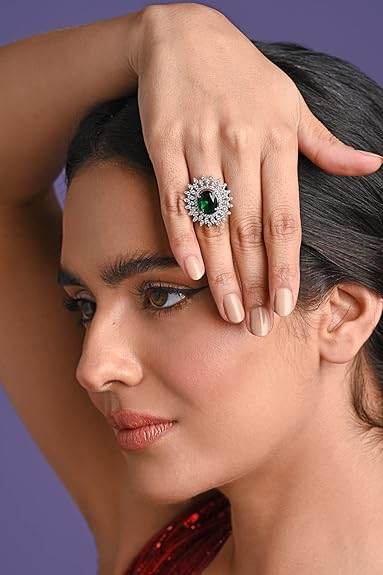 925 Sterling Silver Emerald Adjustable Cocktail Ring | Rhodium Plated, Swiss Zirconia | Jewellery Gift for Women and Girls - Rajputtrade