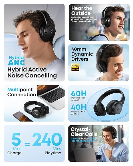 soundcore by Anker Q20i Wireless Bluetooth Over-Ear Headphones with Hybrid Active Noise Cancelling, 40h Playtime in ANC Mode, Hi-Res Audio (3 color options)